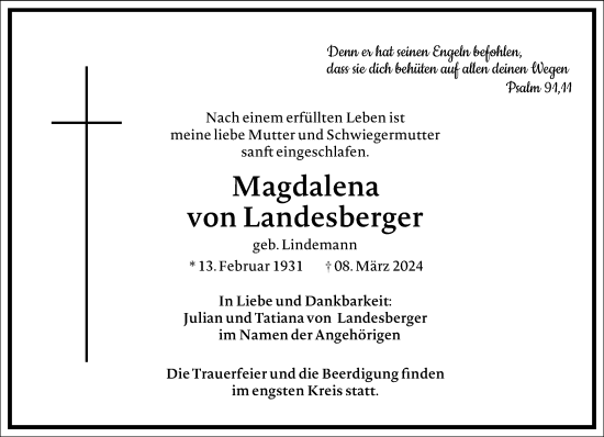 Traueranzeige von Magdalena von Landesberger von Frankfurter Allgemeine Zeitung