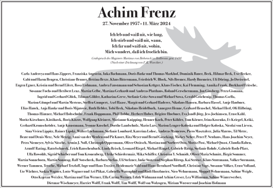 Traueranzeige von Achim Frenz von Frankfurter Allgemeine Zeitung