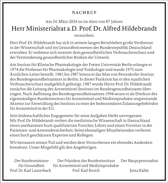 Traueranzeige von Alfred Hildebrandt von Frankfurter Allgemeine Zeitung