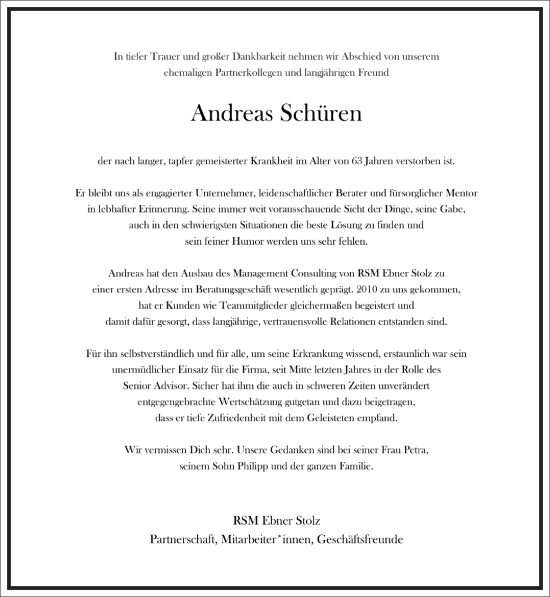 Traueranzeige von Andreas Schüren von Frankfurter Allgemeine Zeitung