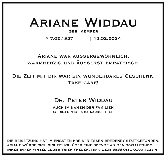Traueranzeige von Ariane Widdau von Frankfurter Allgemeine Zeitung
