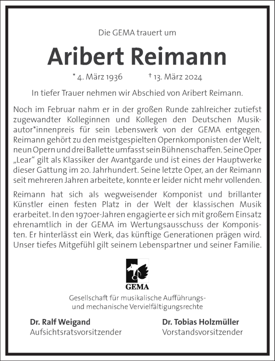 Traueranzeige von Aribert Reimann von Frankfurter Allgemeine Zeitung