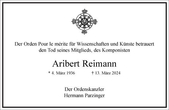 Traueranzeige von Aribert Reimann von Frankfurter Allgemeine Zeitung