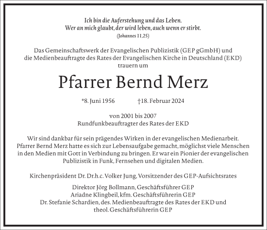 Traueranzeige von Bernd Merz von Frankfurter Allgemeine Zeitung