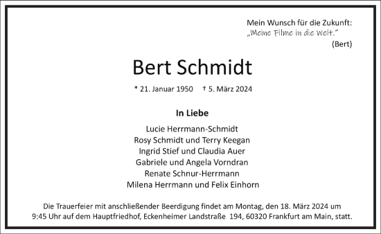 Traueranzeige von Bert Schmidt von Frankfurter Allgemeine Zeitung