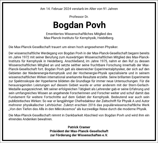 Traueranzeige von Bogdan Povh von Frankfurter Allgemeine Zeitung