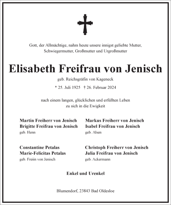 Traueranzeige von Elisabeth  Freifrau von Jenisch von Frankfurter Allgemeine Zeitung