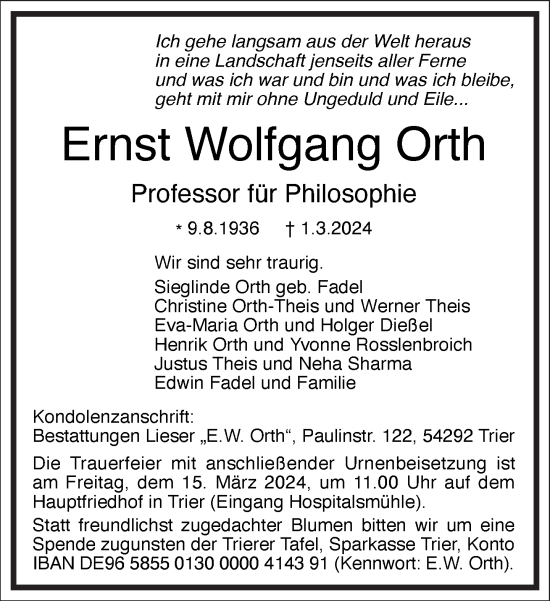 Traueranzeige von Ernst Wolfgang Orth von Frankfurter Allgemeine Zeitung