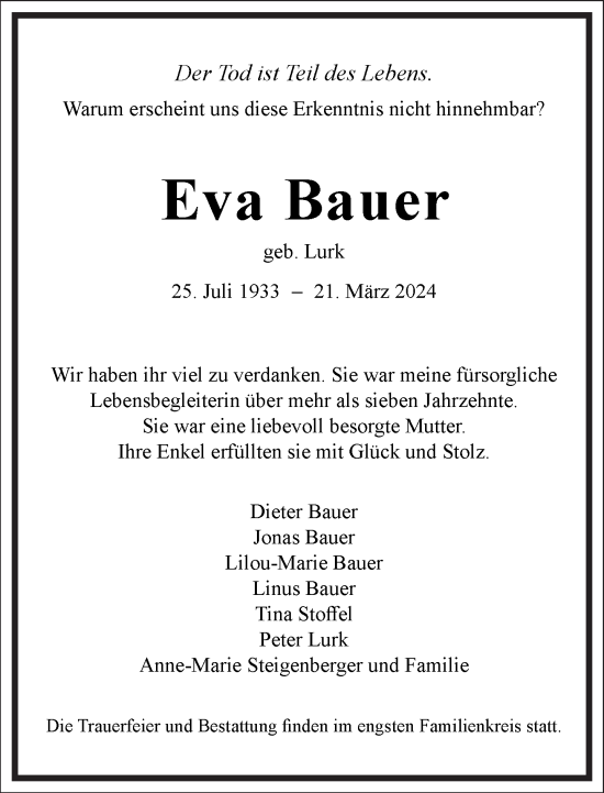 Traueranzeige von Eva Bauer von Frankfurter Allgemeine Zeitung