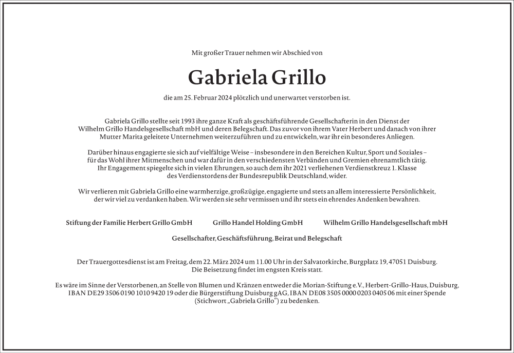  Traueranzeige für Gabriela Grillo vom 16.03.2024 aus Frankfurter Allgemeine Zeitung