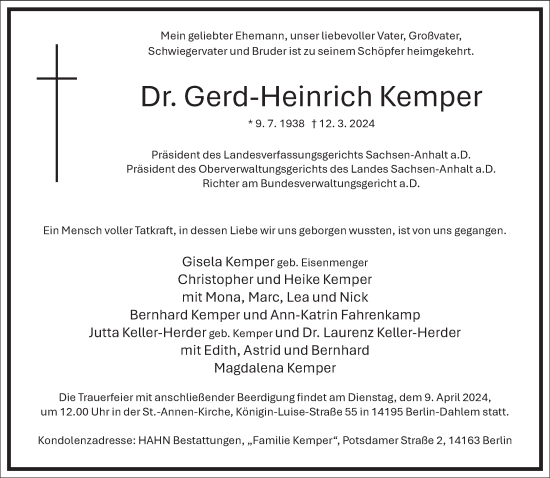 Traueranzeige von Gerd-Heinrich Kemper von Frankfurter Allgemeine Zeitung