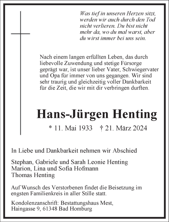 Traueranzeige von Hans-Jürgen Henting von Frankfurter Allgemeine Zeitung