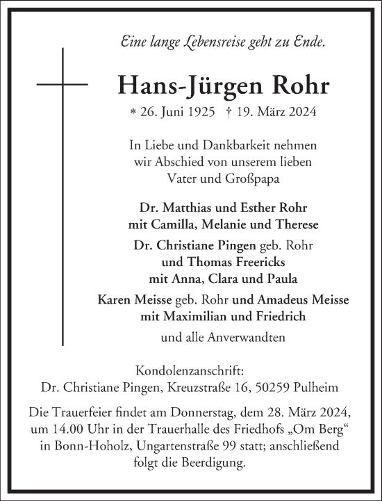Traueranzeige von Hans-Jürgen Rohr von Frankfurter Allgemeine Zeitung