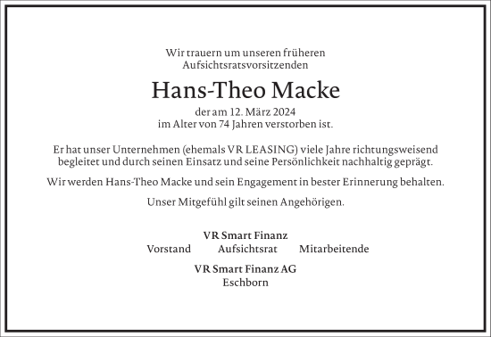 Traueranzeige von Hans-Theo Macke von Frankfurter Allgemeine Zeitung