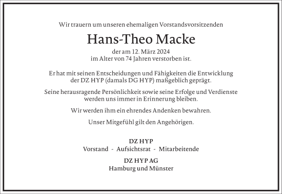 Traueranzeige von Hans-Theo Macke von Frankfurter Allgemeine Zeitung