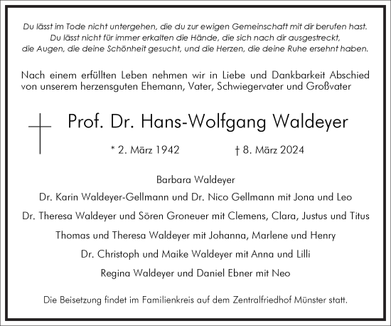 Traueranzeige von Hans-Wolfgang Waldeyer von Frankfurter Allgemeine Zeitung