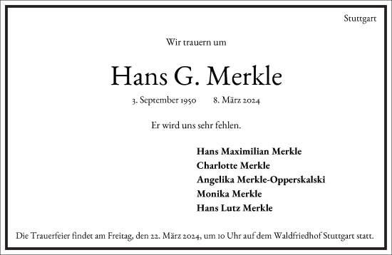 Traueranzeige von Hans G. Merkle von Frankfurter Allgemeine Zeitung