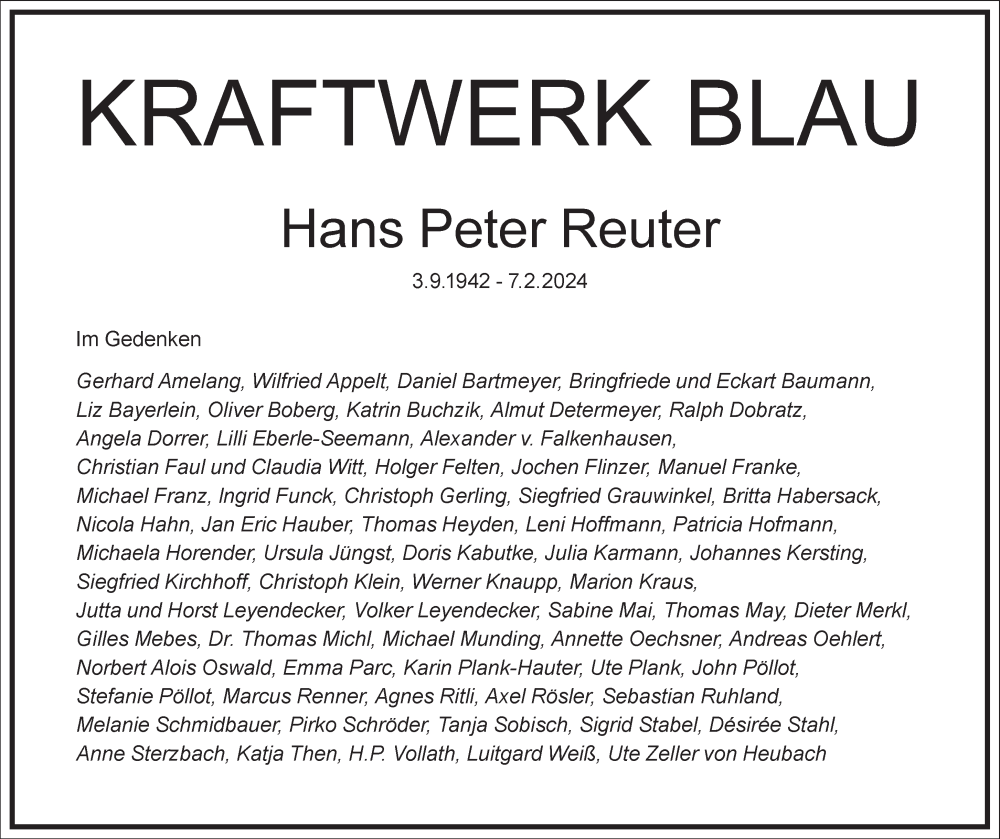  Traueranzeige für Hans Peter Reuter vom 23.03.2024 aus Frankfurter Allgemeine Zeitung