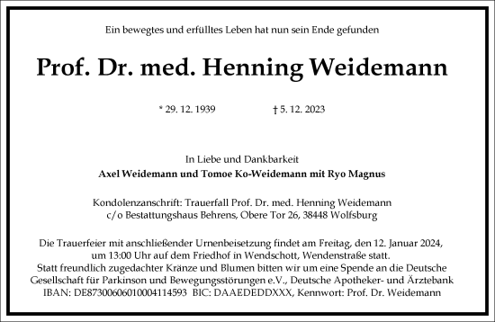 Traueranzeige von Henning Weidemann von Frankfurter Allgemeine Zeitung