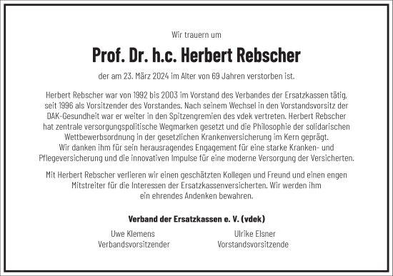 Traueranzeige von Herbert Rebscher von Frankfurter Allgemeine Zeitung