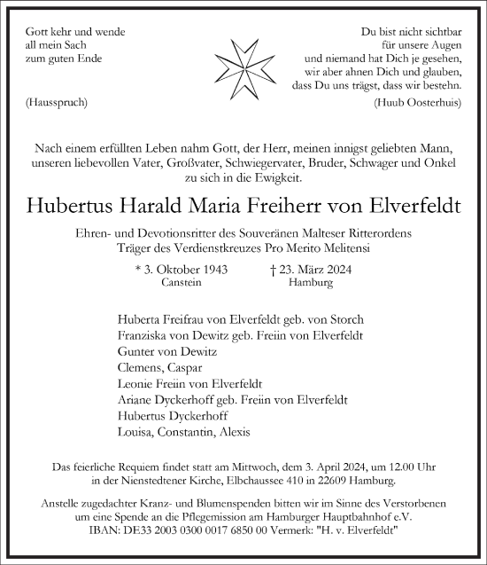 Traueranzeige von Hubertus Harald Maria Freiherr con Elverfeldt von Frankfurter Allgemeine Zeitung
