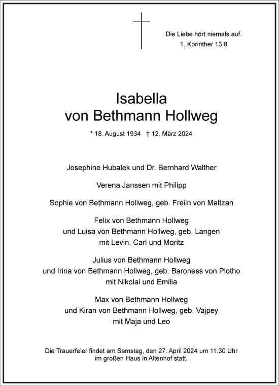 Traueranzeige von Isabella von Bethmann Hollweg von Frankfurter Allgemeine Zeitung