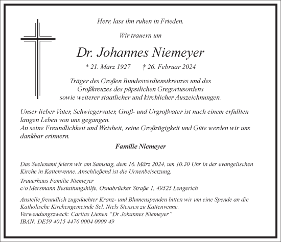 Traueranzeige von Johannes Niemeyer von Frankfurter Allgemeine Zeitung