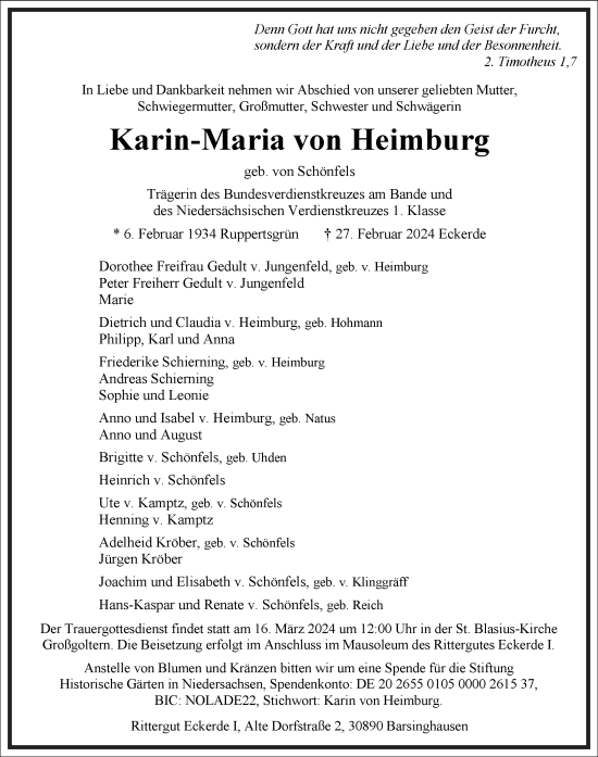 Traueranzeige von Karin-Maria von Heimburg von Frankfurter Allgemeine Zeitung