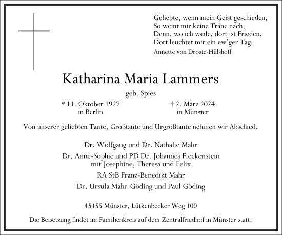 Traueranzeige von Katharina Maria Lammers von Frankfurter Allgemeine Zeitung