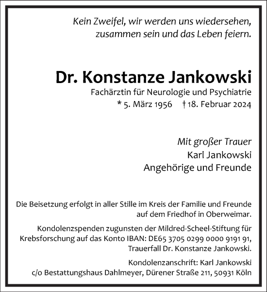 Traueranzeige von Konstanze Jankowski von Frankfurter Allgemeine Zeitung