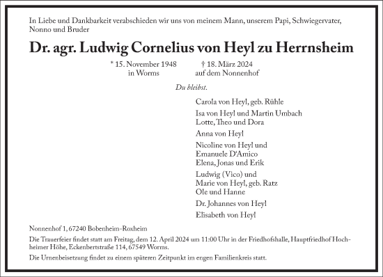 Traueranzeige von Ludwig Cornelius von Heyl zu Herrnsheim von Frankfurter Allgemeine Zeitung