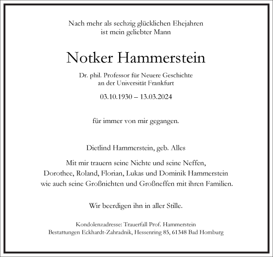 Traueranzeige von Notker Hammerstein von Frankfurter Allgemeine Zeitung