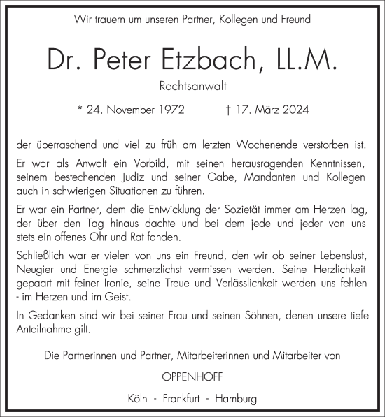 Traueranzeige von Peter Etzbach von Frankfurter Allgemeine Zeitung