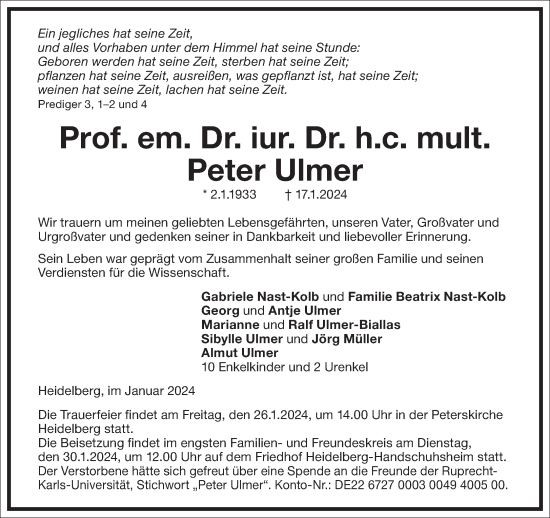 Traueranzeige von Peter Ulmer von Frankfurter Allgemeine Zeitung