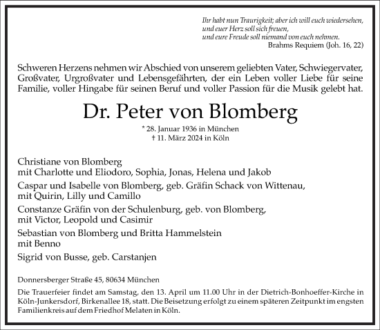 Traueranzeige von Peter von Blomberg von Frankfurter Allgemeine Zeitung