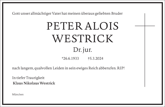 Traueranzeige von Peter Alois Westrick von Frankfurter Allgemeine Zeitung