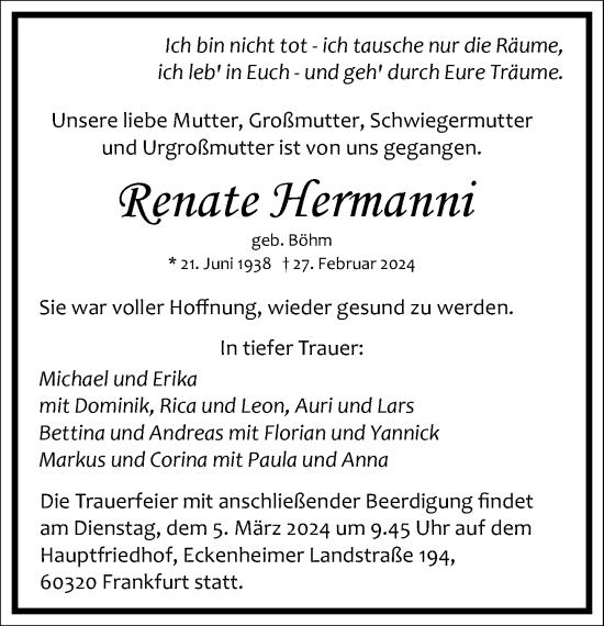 Traueranzeige von Renate Hermanni von Frankfurter Allgemeine Zeitung