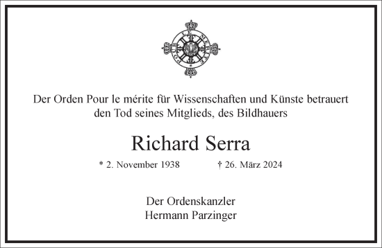 Traueranzeige von Richard Serra von Frankfurter Allgemeine Zeitung