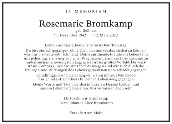 Traueranzeige von Rosemarie Bromkamp von Frankfurter Allgemeine Zeitung