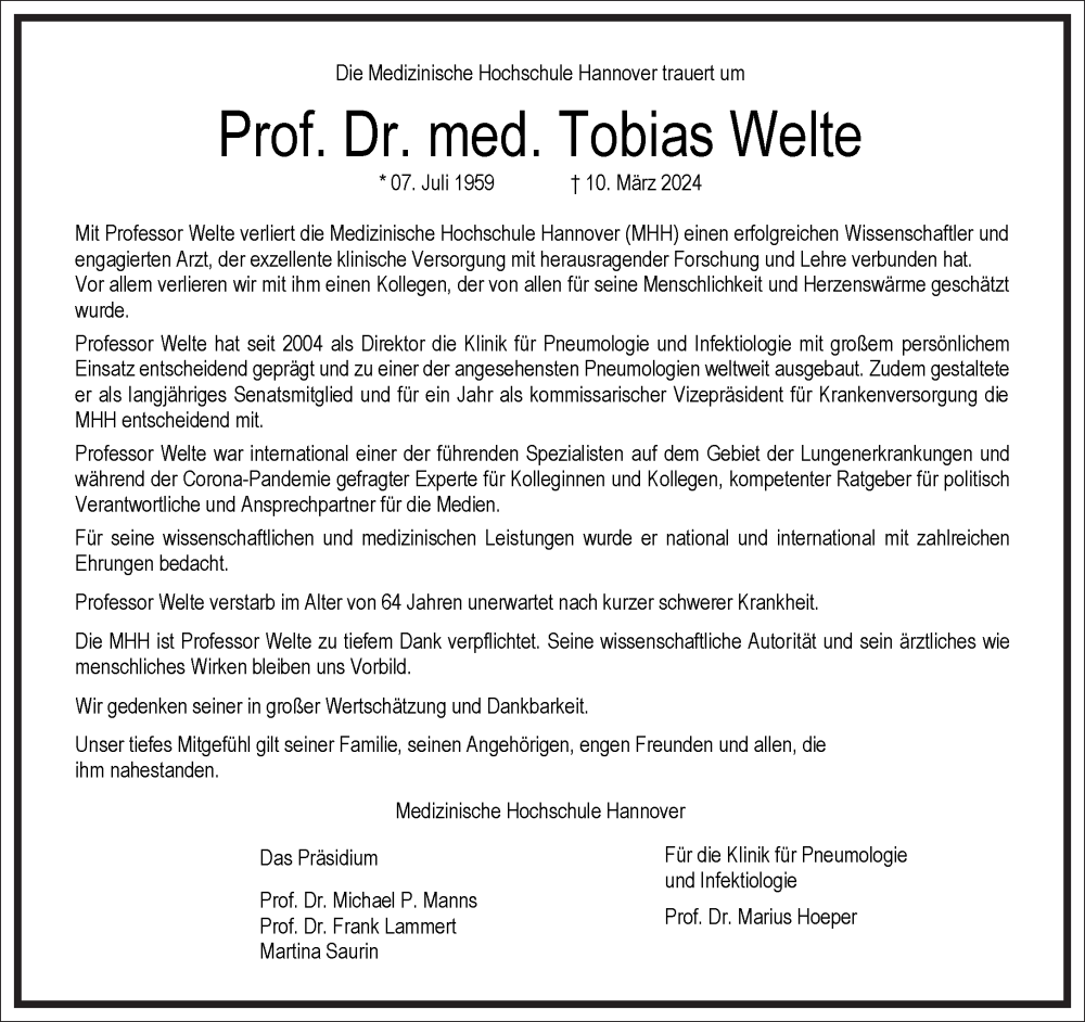 Traueranzeige für Tobias Welte vom 16.03.2024 aus Frankfurter Allgemeine Zeitung