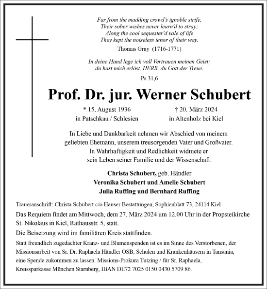 Traueranzeige von Werner Schubert von Frankfurter Allgemeine Zeitung