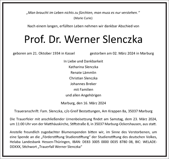 Traueranzeige von Werner Slenczka von Frankfurter Allgemeine Zeitung