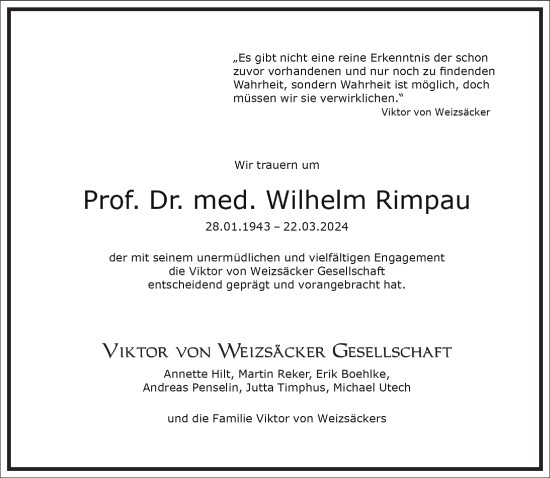 Traueranzeige von Wilhelm Rimpau von Frankfurter Allgemeine Zeitung