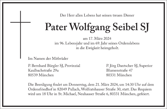 Traueranzeige von Wolfgang Seibel von Frankfurter Allgemeine Zeitung