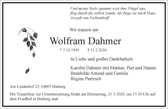 Traueranzeige von Wolfram Dahmer von Frankfurter Allgemeine Zeitung