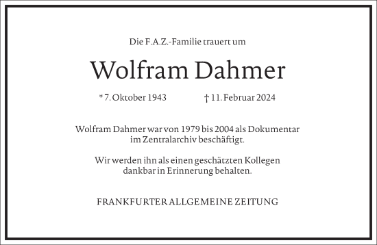 Traueranzeige von Wolfram Dahmer von Frankfurter Allgemeine Zeitung