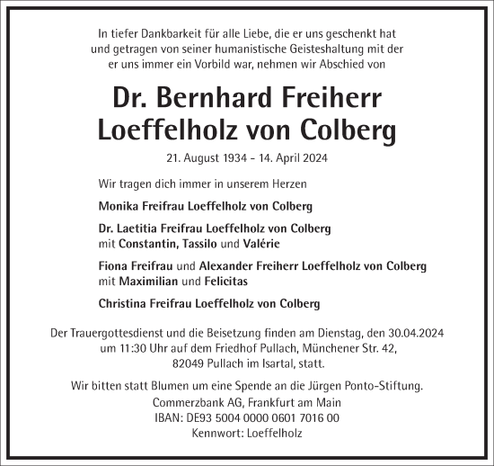Traueranzeige von Bernhard Freiherr Loeffelholz von Colberg von Frankfurter Allgemeine Zeitung