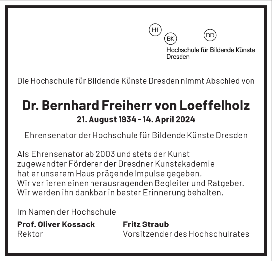 Traueranzeige von Bernhard Freiherr von Loeffelholz von Frankfurter Allgemeine Zeitung