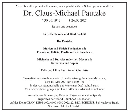 Traueranzeige von Claus-Michael Pautzke von Frankfurter Allgemeine Zeitung