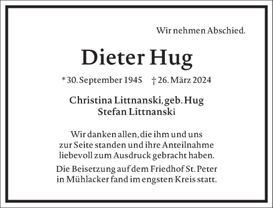 Traueranzeige von Dieter Hug von Frankfurter Allgemeine Zeitung